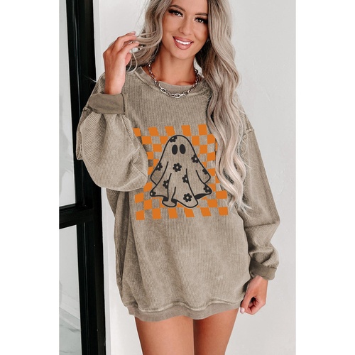 Khaki Checkerboard Floral Ghost Graphic Corded Halloween Sweatshirt - L - Main Image