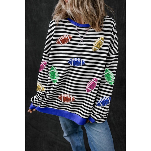 Black Stripe Sequin Rugby Football Drop Shoulder Pullover Sweatshirt - XL - Main Image