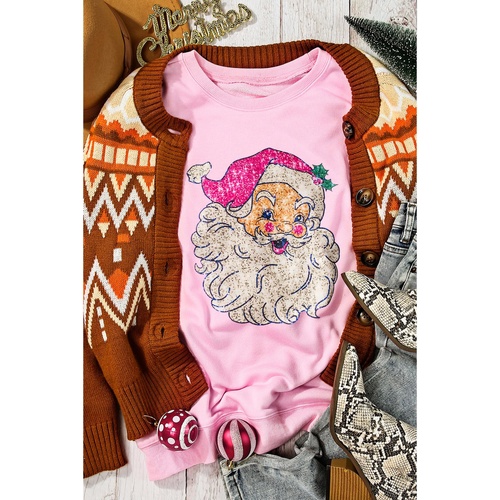 Pink Bold Christmas Claus Graphic Drop Shoulder Sweatshirt - M - Main Image
