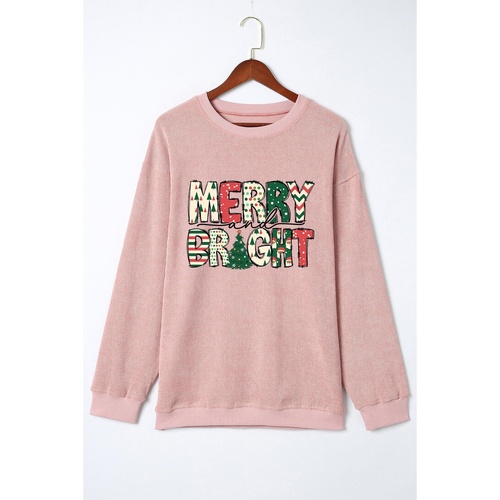 Pink MERRY and BRIGHT Christmas Tree Print Ribbed Sweatshirt - L - Main Image