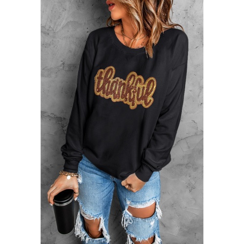 Black Glittering thankful Graphic Drop Shoulder Sweatshirt - L - Main Image