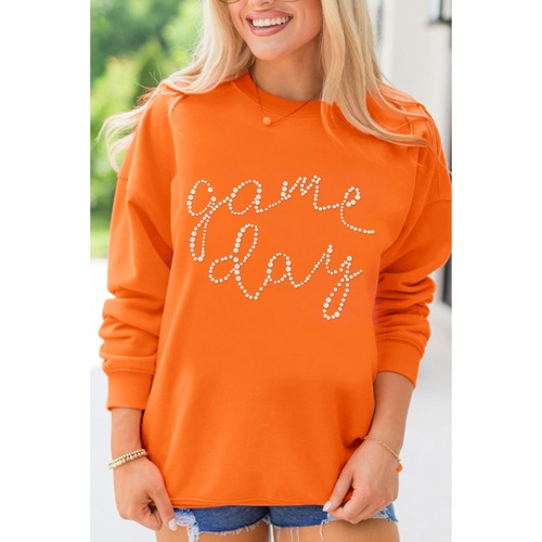 Orange Rhinestone game day Pattern Drop Shoulder Sweatshirt - L - Main Image