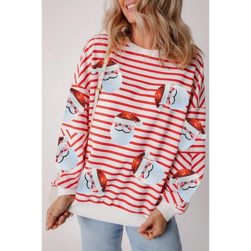 Orange Stripe Striped Sequin Santa Claus Pattern Christmas Pullover Sweatshirt - L - Main Image