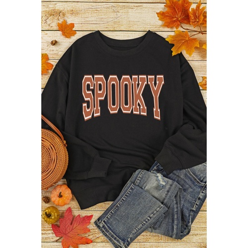 Black SPOOKY Graphic Drop Shoulder Halloween Pullover Sweatshirt - S - Main Image