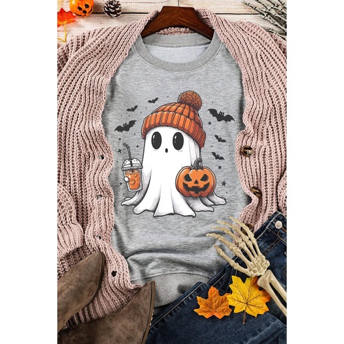 Gray Halloween Ghost Print Crewneck Drop Shoulder Sweatshirt - 2XL - Main Image