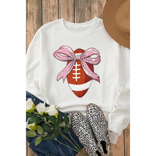 Beige Bowknot Rugby Football Graphic Game Day Pullover Sweatshirt - 2XL - Main Image