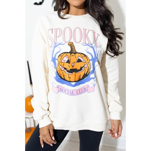 Beige SPOOKY SOCIAL CLUB Halloween Pumpkin Face Graphic Sweatshirt - L - Main Image