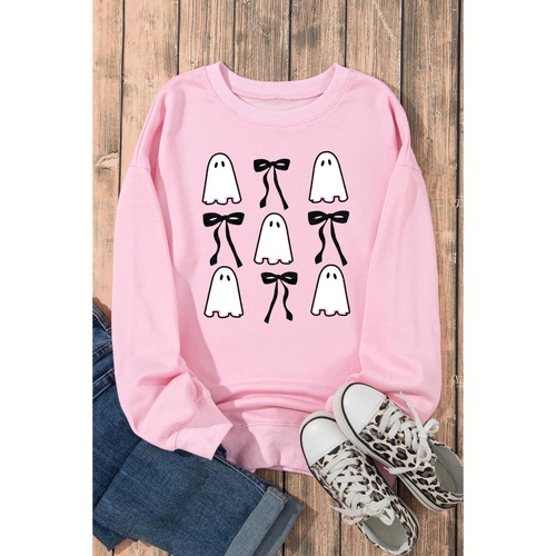 Pink Ghost Bowknot Printed Drop Shoulder Halloween Sweatshirt - M - Main Image