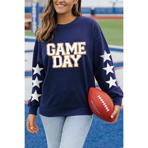 Navy Blue GAME DAY Printed Star Sleeve Crewneck Pullover Sweatshirt - L - Main Image
