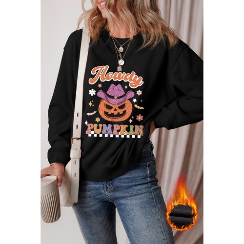 Black Halloween Howdy PUMPKIN Print Crew Neck Pullover Sweatshirt - L - Main Image