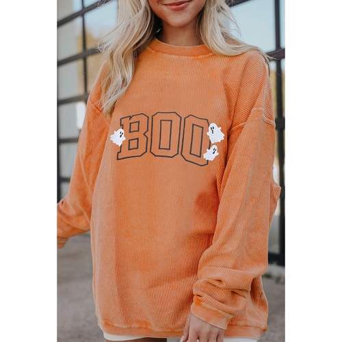 Orange Embroidered BOO Ghost Corded Halloween Sweatshirt - L - Main Image