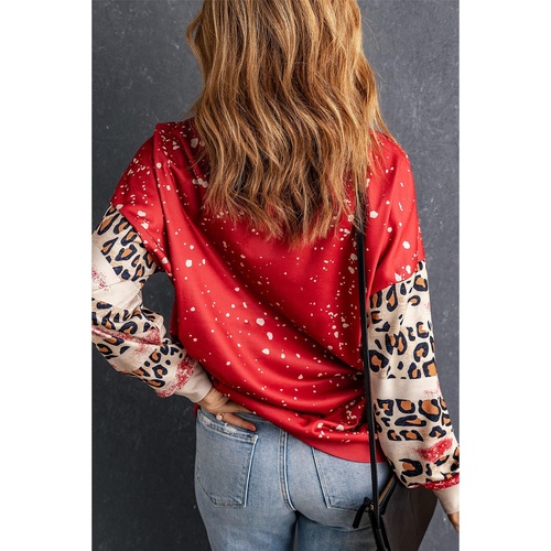 Red YEEHAW COWGIRL Graphic Bleached Scatter Leopard Sleeve Sweatshirt - S - Main Image