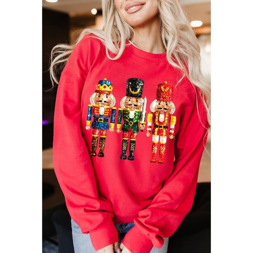Red Christmas Metallic Nutcracker Graphic Crew Neck Sweatshirt - S - Main Image