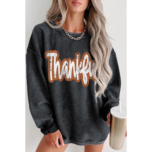 Black Thankful Printed Drop Shoulder Corded Thanksgiving Sweatshirt - XL - Main Image