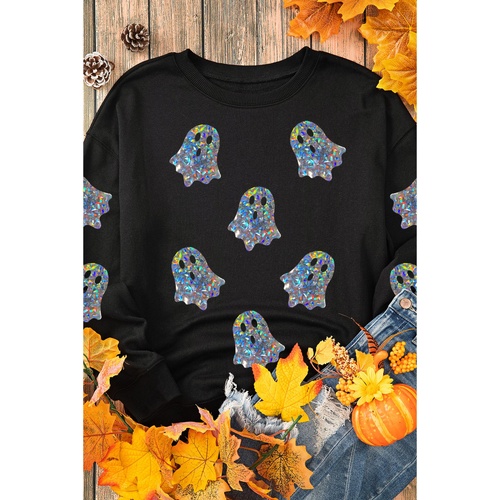 Black Glitter Ghosts Pattern Long Sleeve Halloween Sweatshirt - S - Main Image