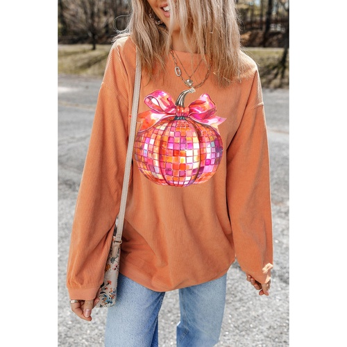 Orange Bow Pumpkin Graphic Crewneck Corded Thanksgiving Sweatshirt - L - Main Image