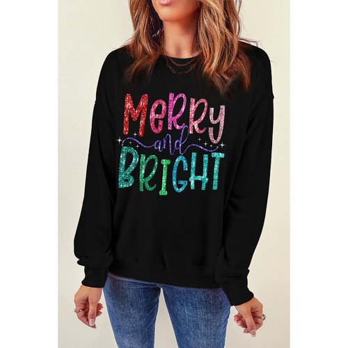 Black Glittering Merry and Bright Graphic Christmas Pullover Sweatshirt - L - Main Image