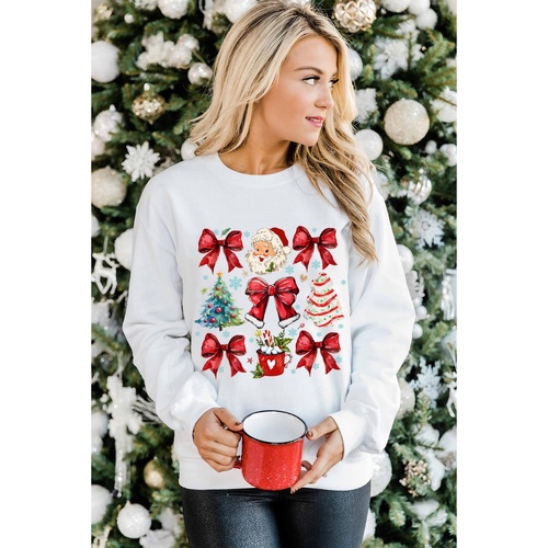 Beige Christmas Tree Bowknot Santa Clause Graphic Holiday Sweatshirt - L - Main Image