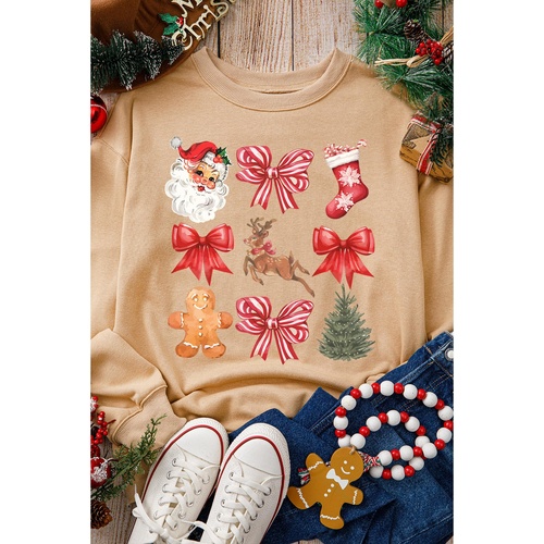 Khaki Christmas Pattern Graphic Crew Neck Sweatshirt - S - Main Image