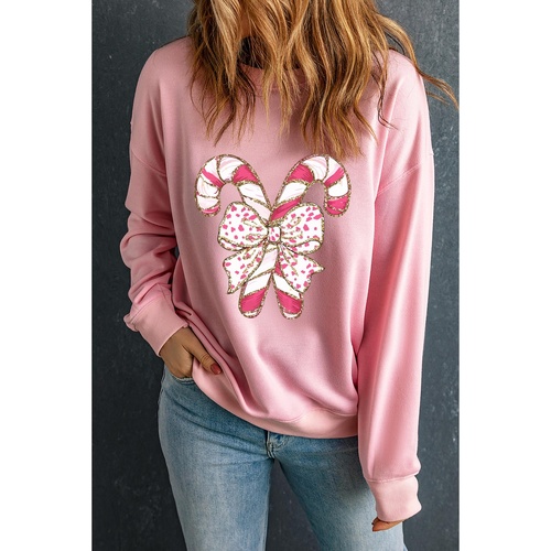 Pink Christmas Bow Candy Cane Graphic Drop Shoulder Crew Neck Sweatshirt - S - Main Image