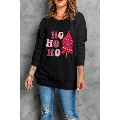 Black HO HO HO Christmas Tree Graphic Pullover Sweatshirt - M - Main Image