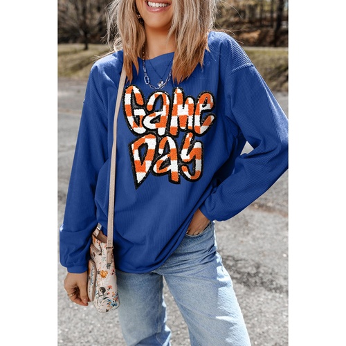 Dark Blue Chenille Checkered Game Day Graphic Drop Shoulder Corded Sweatshirt - XL - Main Image