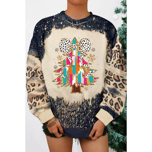 Black Christmas Tree Graphic Bleached Leopard Tie Dye Sweatshirt - M - Main Image