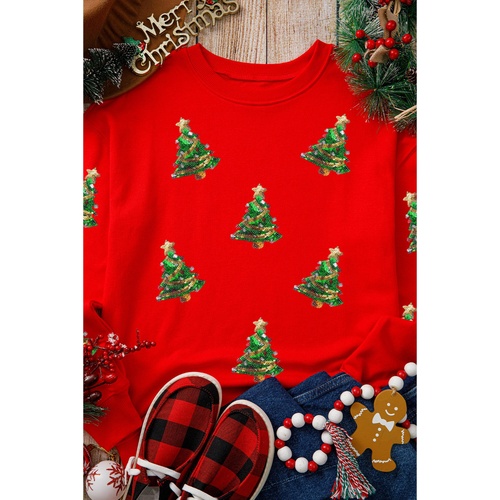 Red Sequin Christmas Tree Graphic Drop Shoulder Sweatshirt - S - Main Image