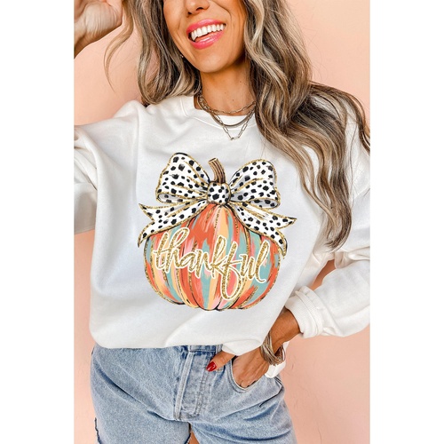 Beige Polka Dot Bow Knot Pumpkin Print Thanksgiving Sweatshirt - XL - Main Image