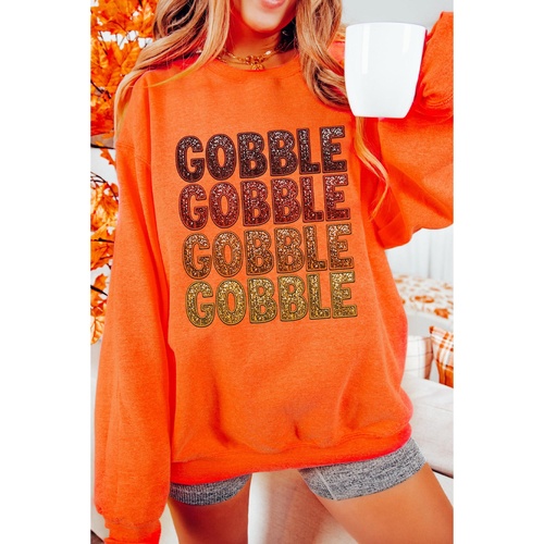 Orange Thanksgiving GOBBLE Print Round Neck Pullover Sweatshirt - S - Main Image