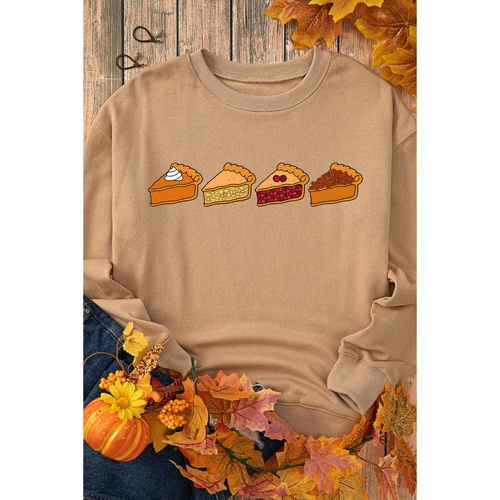 Khaki Thanksgiving Pie Print Drop Shoulder Sweatshirt - XL - Main Image