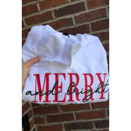 Beige MERRY and bright Embroidered Letter Graphic Sweatshirt - L - Main Image