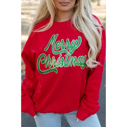 Red Merry Christmas Crewneck Drop Shoulder Loose Sweatshirt - XL - Main Image