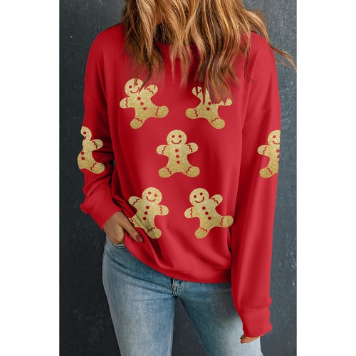 Red Cute Gingerbread Print Christmas Pullover Sweatshirt - XL - Main Image