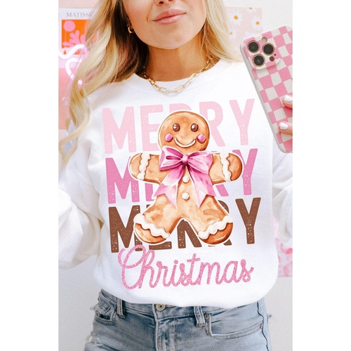 Beige Merry Christmas Gingerbread Man Graphic Sweatshirt - 2XL - Main Image