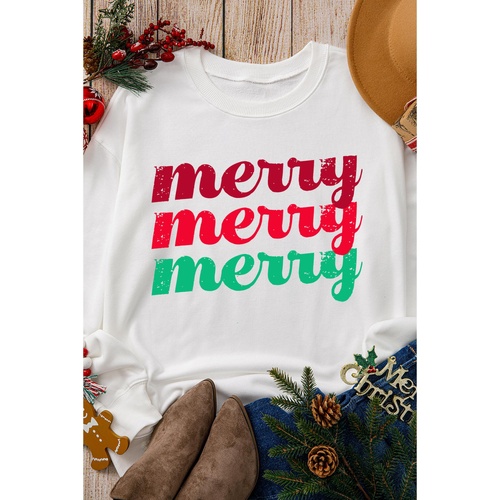 Beige merry merry merry Printed Christmas Sweatshirt - S - Main Image