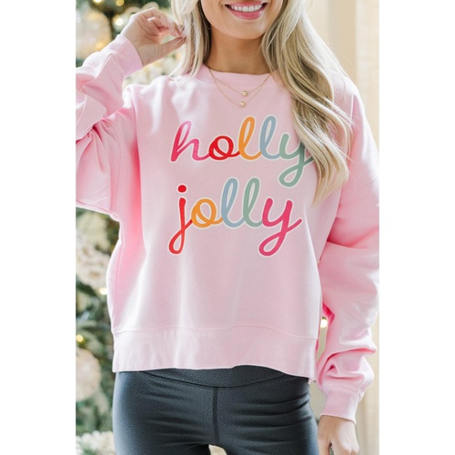 Pink holly jolly Printed Round Neck Christmas Sweatshirt - 2XL - Main Image