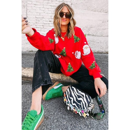 Red Santa Claus Christmas Tree Patched Pattern Drop Shoulder Sweatshirt - L - Main Image