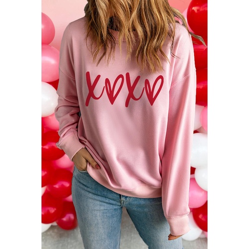 Pink Heart XOXO Graphic Crewneck Drop Shoulder Valentines Sweatshirt - L - Main Image