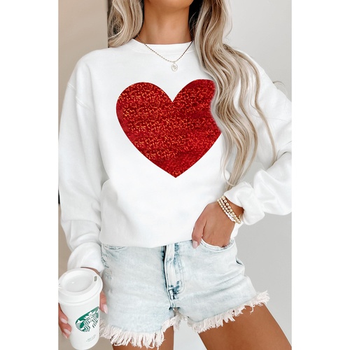 Beige Glitter Valentine Heart Shape Graphic Sweatshirt - M - Main Image