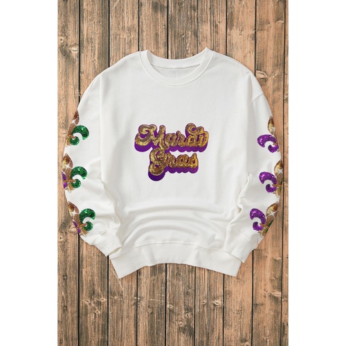 Beige Sequin Mardi Gras Patched Pattern Fleur de Lis Sleeve Sweatshirt - XL - Main Image