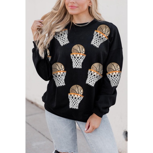 Black Basketball Patched Game Day Crew Neck Graphic Sweatshirt - L - Main Image