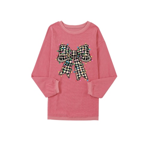 Strawberry Pink Checkered Bow Print Ribbed Crew Neck Pullover Sweatshirt - L - Main Image