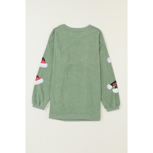 Grass Green Sequined Christmas Hat Graphic Winter Corded Sweatshirt - L - Main Image