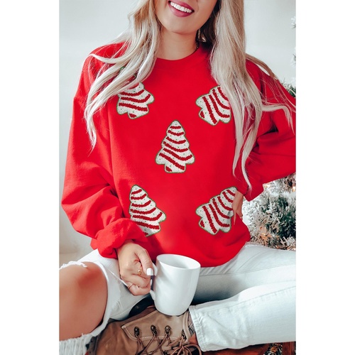 Red Playful Christmas Tree Patched Dropped Shoulder Sweatshirt - L - Main Image