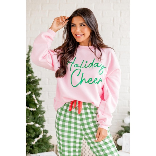 Pink Holiday Cheer Letter Graphic Christmas Slogan Sweatshirt - L - Main Image