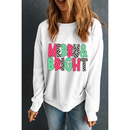 White MERRY & BRIGHT Checkered Print Crew Neck Sweatshirt - L - Main Image