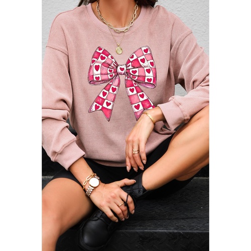 Pink Valentines Heart Checkered Bow Pattern Corded Baggy Sweatshirt - M - Main Image