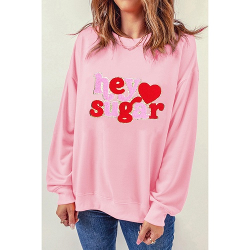 Pink Chenille Heart hey sugar Patched Pattern Valentines Pullover Sweatshirt - 2XL - Main Image
