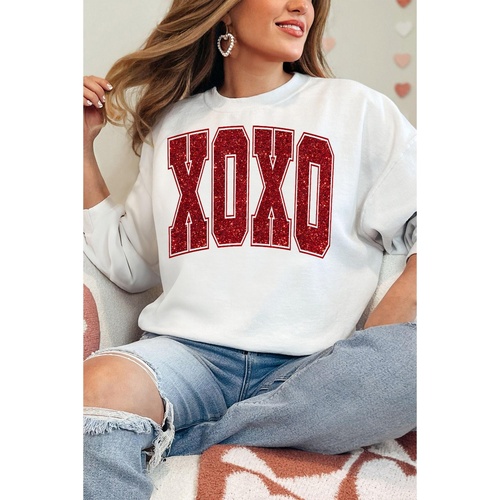 White Glitter XOXO Graphic Crewneck Valentines Pullover Sweatshirt - XL - Main Image